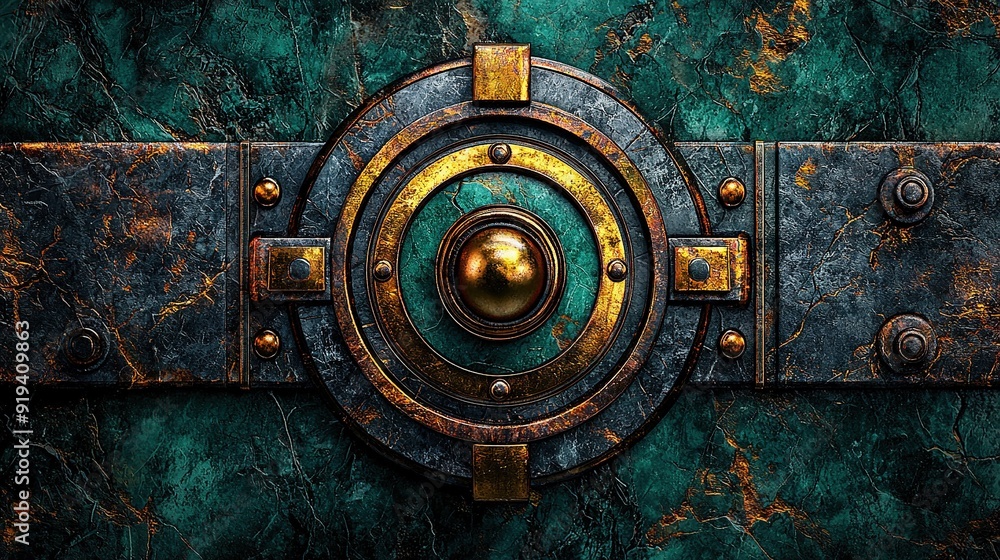 A close-up of a metal door featuring a ball in the center and rivets on the exterior A close-up of a metal door featuring a ball in the center and rivets on the exterior