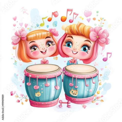 Exuberant congas, musical element, realistic illustration, vibrant tones, isolated on white background, clipart, watercolor clipart, isolated on white background photo