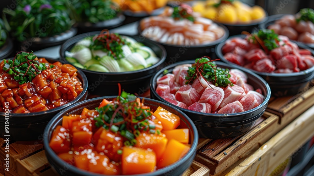 Fototapeta premium A variety of Asian food is displayed in bowls on a wooden table. The bowls are filled with different types of meat, vegetables, and sauces. The presentation is colorful and appetizing
