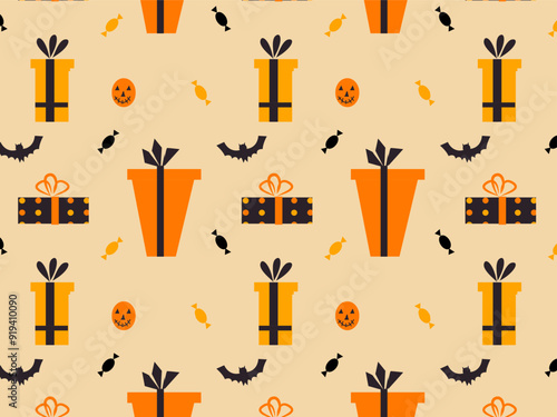 funny background for Halloween with gifts, pumpkins and orange candies