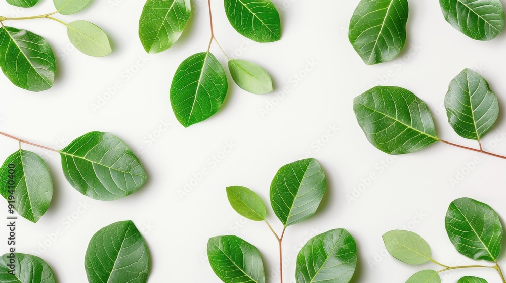 Fresh green leaves arranged on a light background in a flat lay pattern, showcasing nature's beauty and simplicity. Fresh green leaves arranged on a light background in a flat lay pattern, showcasing nature's beauty and simplicity.