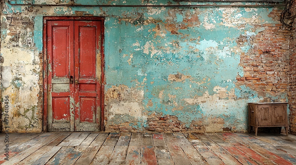 Rustic room featuring a red door, wooden table, and peeling blue wall Rustic room featuring a red door, wooden table, and peeling blue wall
