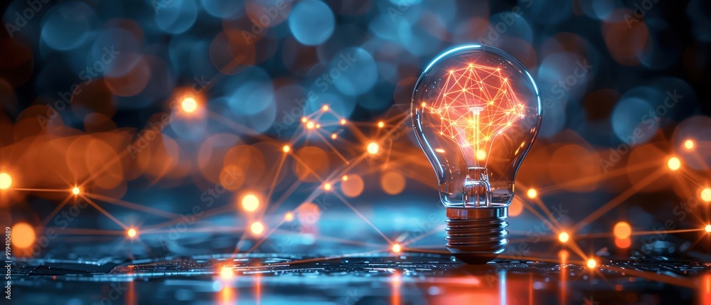 Illuminated light bulb with a glowing network of connections, symbolizing innovation, technology, and creativity in a digital age.