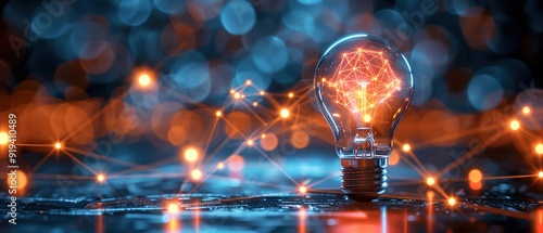 Obraz na płótnie Illuminated light bulb with a glowing network of connections, symbolizing innovation, technology, and creativity in a digital age. w salonie