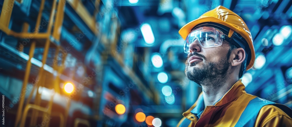 Engineer in safety gear inspecting a high-tech industrial facility with glowing lights in the background, focused and confident. Engineer in safety gear inspecting a high-tech industrial facility with glowing lights in the background, focused and confident.