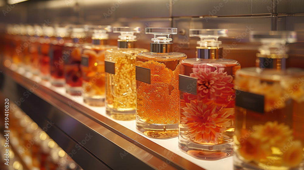 A row of bottles with flowers on them. The bottles are lined up on a shelf. The bottles are of different colors and sizes