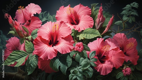 Wallpaper Mural Pink Hibiscus Flowers in Lush Green Foliage Torontodigital.ca