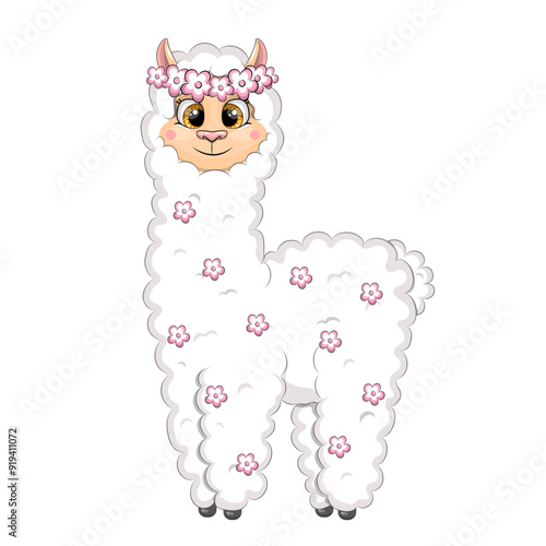 Llama with flowers. Cute cartoon vector illustration of an animal on a white background.