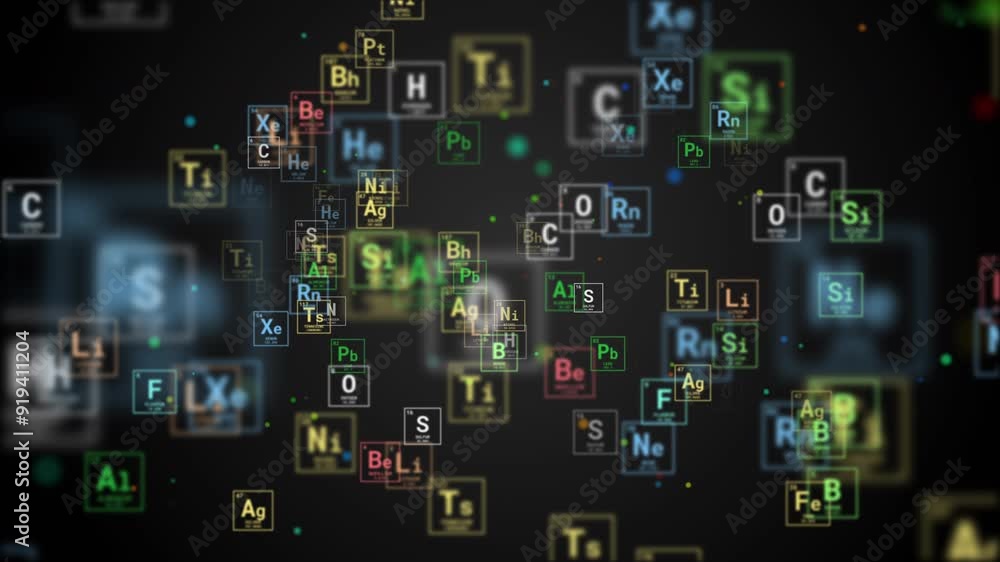 Colored flying icons of the chemical elements of the Mendeleev periodic table on a black background. Looped animation. Colored flying icons of the chemical elements of the Mendeleev periodic table on a black background. Looped animation.