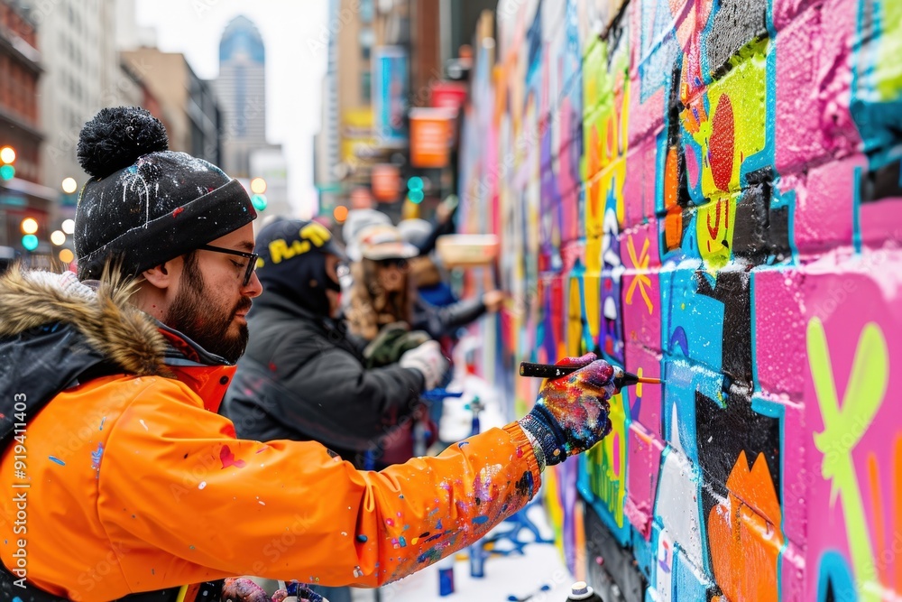 Artists use spray paints and brushes to create a vibrant wall mural in an urban area, engaging in a colorful and lively street art event that draws in spectators. Artists use spray paints and brushes to create a vibrant wall mural in an urban area, engaging in a colorful and lively street art event that draws in spectators.