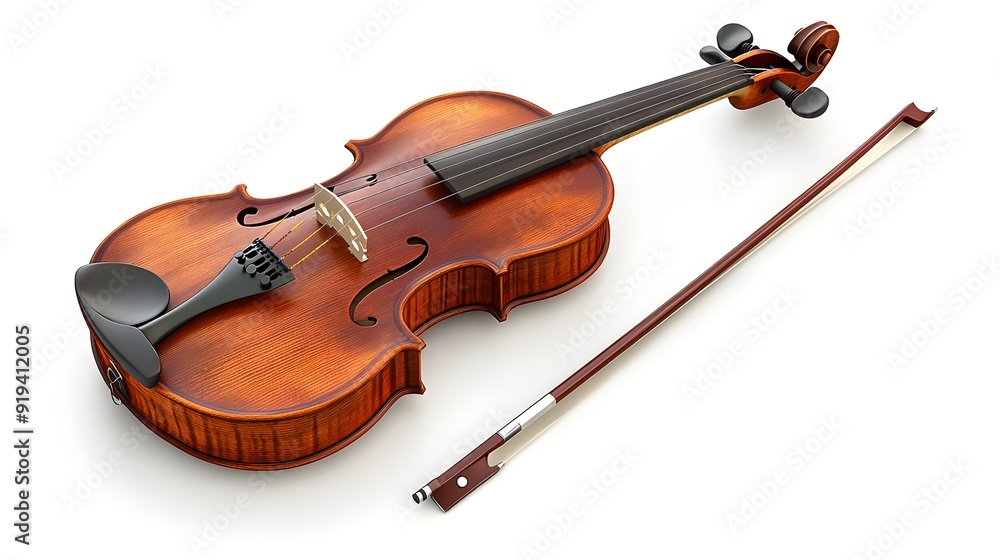 A classical violin with bow, rich wood grain, warm reddish-brown varnish, high detail, studio lighting, pure white background. A classical violin with bow, rich wood grain, warm reddish-brown varnish, high detail, studio lighting, pure white background.