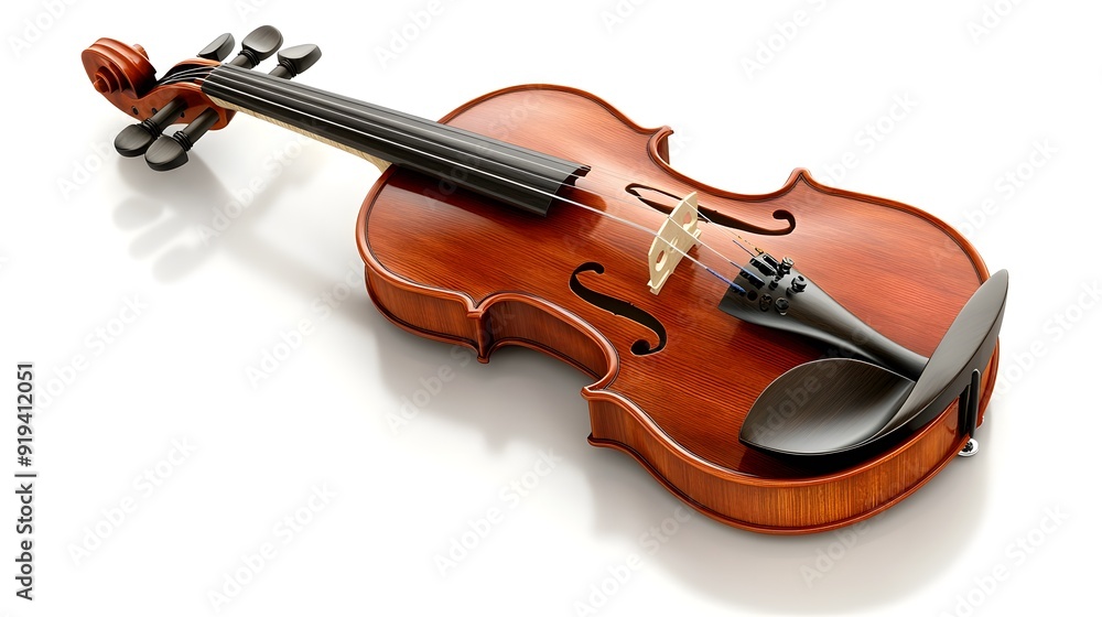 Obraz premium A classical violin with bow, rich wood grain, warm reddish-brown varnish, high detail, studio lighting, pure white background.