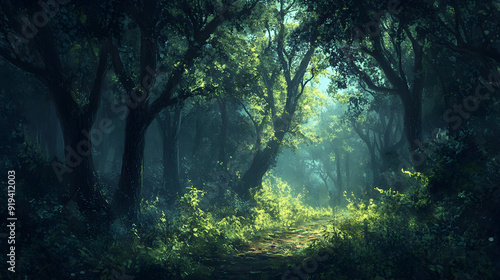 Dark Forest with Thick Underbrush - A visual of a dense, shadowy forest where the trees are close together, and thick underbrush covers the ground, adding an air of mystery