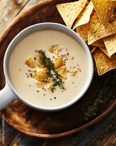 Ranch cheese soup with chopped tortilla chips and herbs