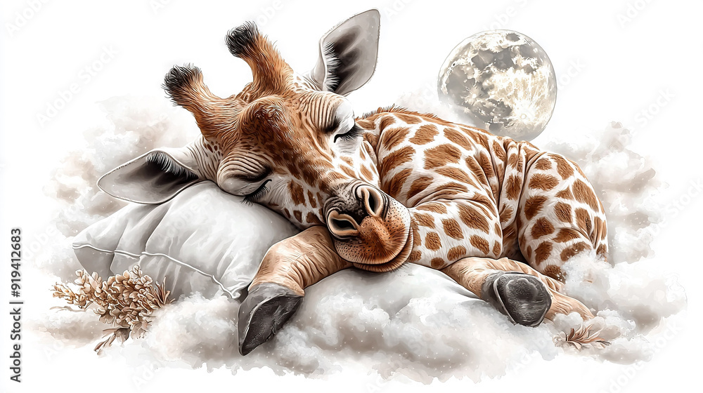 A sketch of a giraffe lounging on a cloud while a full moon hangs in the backdrop A sketch of a giraffe lounging on a cloud while a full moon hangs in the backdrop