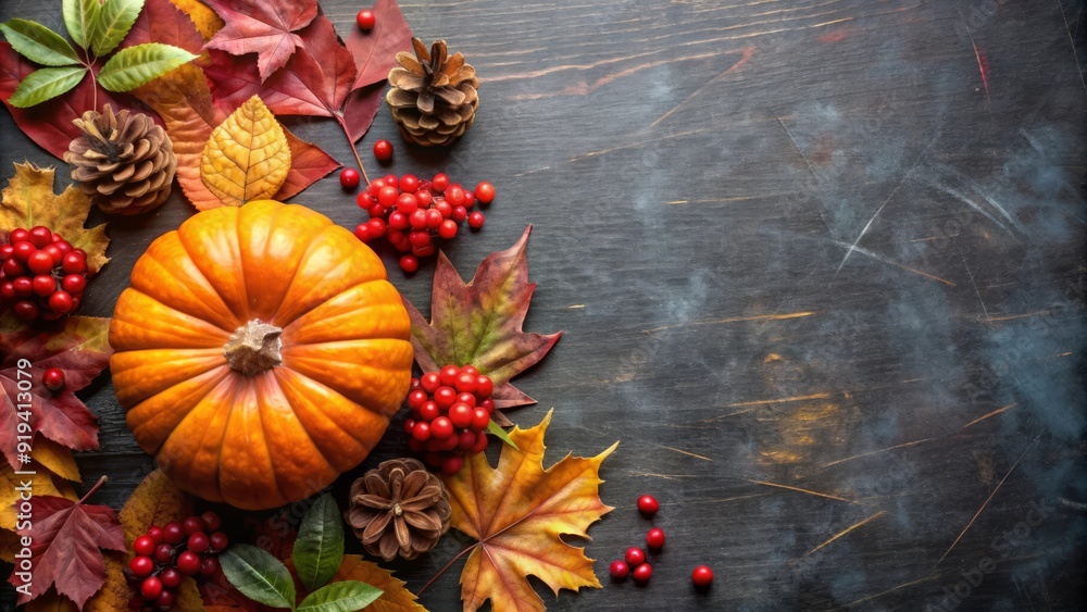 Naklejka premium Autumnal Pumpkin, Leaves, and Pine Cones on Wooden Background.