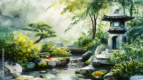 Ultra-realistic watercolor of a serene Zen garden, stone lantern, flowing stream, lush greenery, early morning light