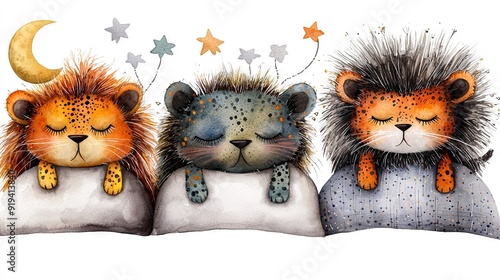   A pair of lions lounging beside each other in front of the moon and stars on top of a cushion
