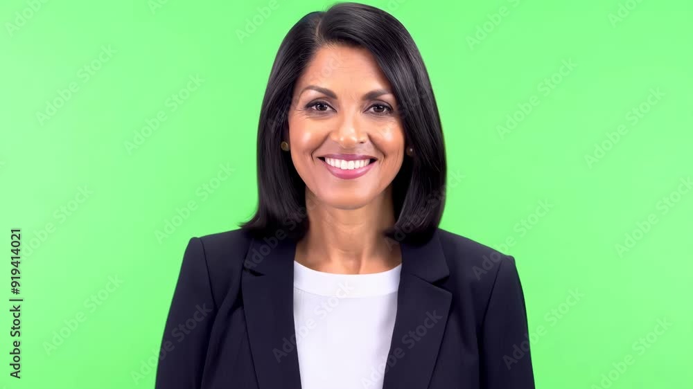 Middle-aged Hispanic Female with Straight Hair Smiling and Nodding on Green Screen Middle-aged Hispanic Female with Straight Hair Smiling and Nodding on Green Screen
