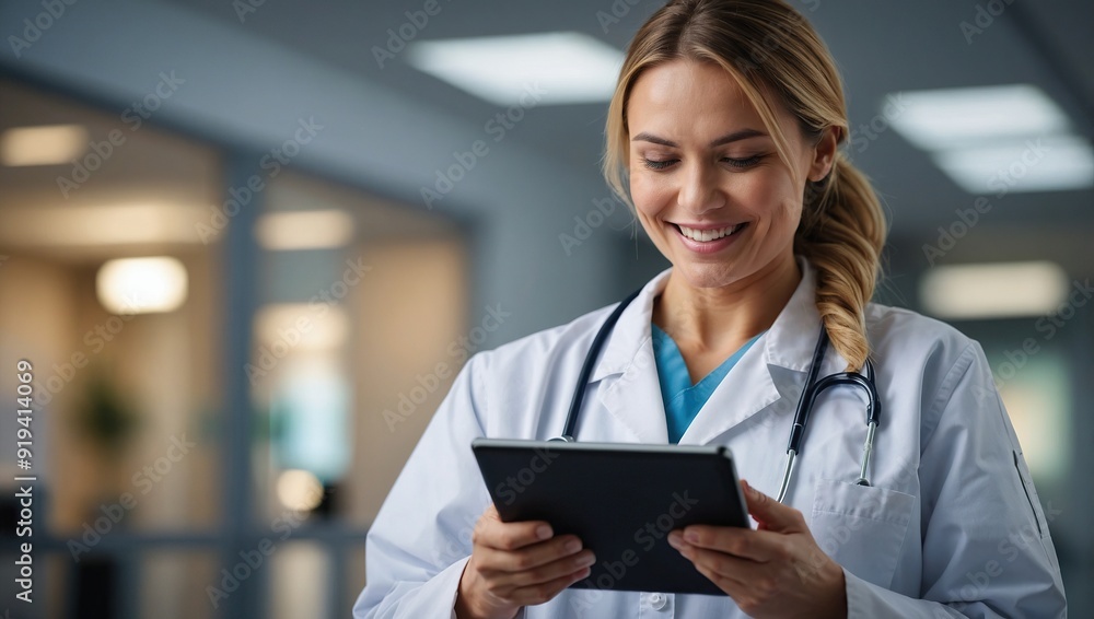 Healthcare, woman or nurse with tablet for research, medical info or diagnosis results with smile. Hospital, female physician and digital for report, online consultation and good news Healthcare, woman or nurse with tablet for research, medical info or diagnosis results with smile. Hospital, female physician and digital for report, online consultation and good news