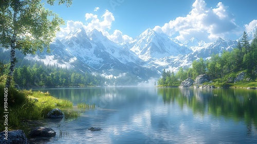 Majestic snow-capped peaks, serene alpine meadows, high-resolution, photorealistic quality, crystal-clear lakes, untouched wilderness, expansive panoramic view, nature's beauty, vibrant::2 rivers,