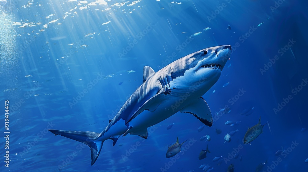 Fototapeta premium A shark swimming underwater, with rays of sunlight shining through the water surface. Shark in the deep blue ocean