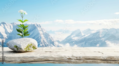 A single white flower growing from a rock on a wooden plank with stunning mountain range and clear blue sky in the background. photo