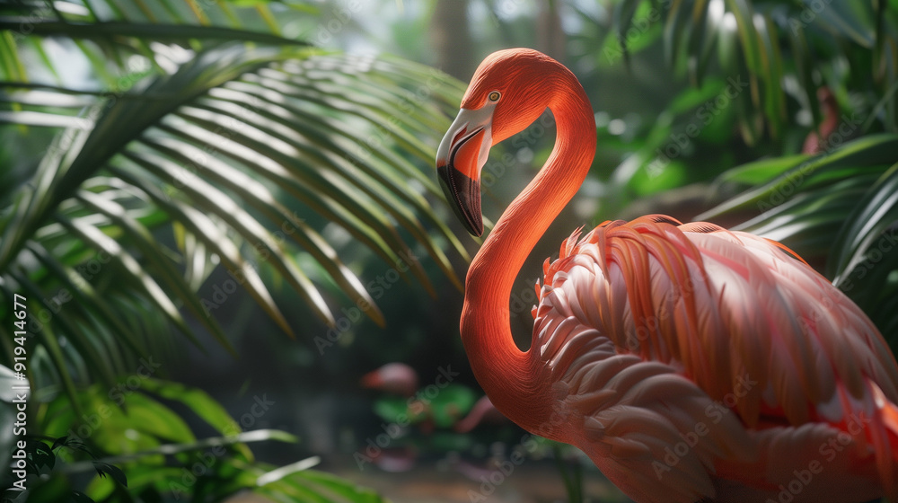 Fototapeta premium Super-realistic photo of a pink flamingo standing amidst lush tropical plants against a vibrant jungle background