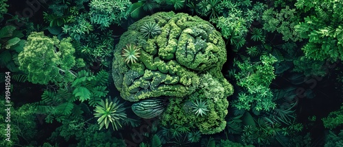 Aerial view of a lush green forest with a brain-shaped formation, showcasing nature's intricate patterns.