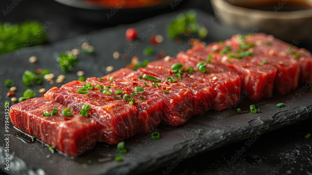 A slab of meat with a lot of seasoning on it. The meat is cut into small pieces and is surrounded by parsley A slab of meat with a lot of seasoning on it. The meat is cut into small pieces and is surrounded by parsley