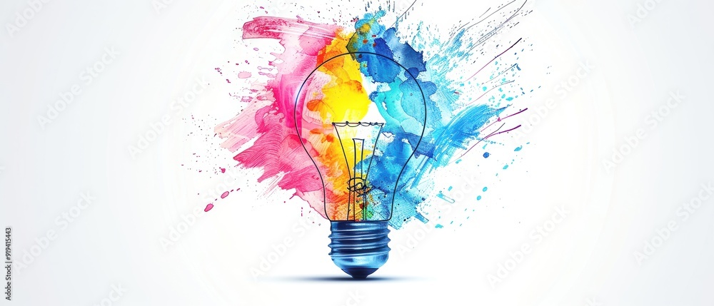 Obraz premium Brightly colored lightbulb representing creative ideas and innovation, with splashes of vibrant paint on a white background.