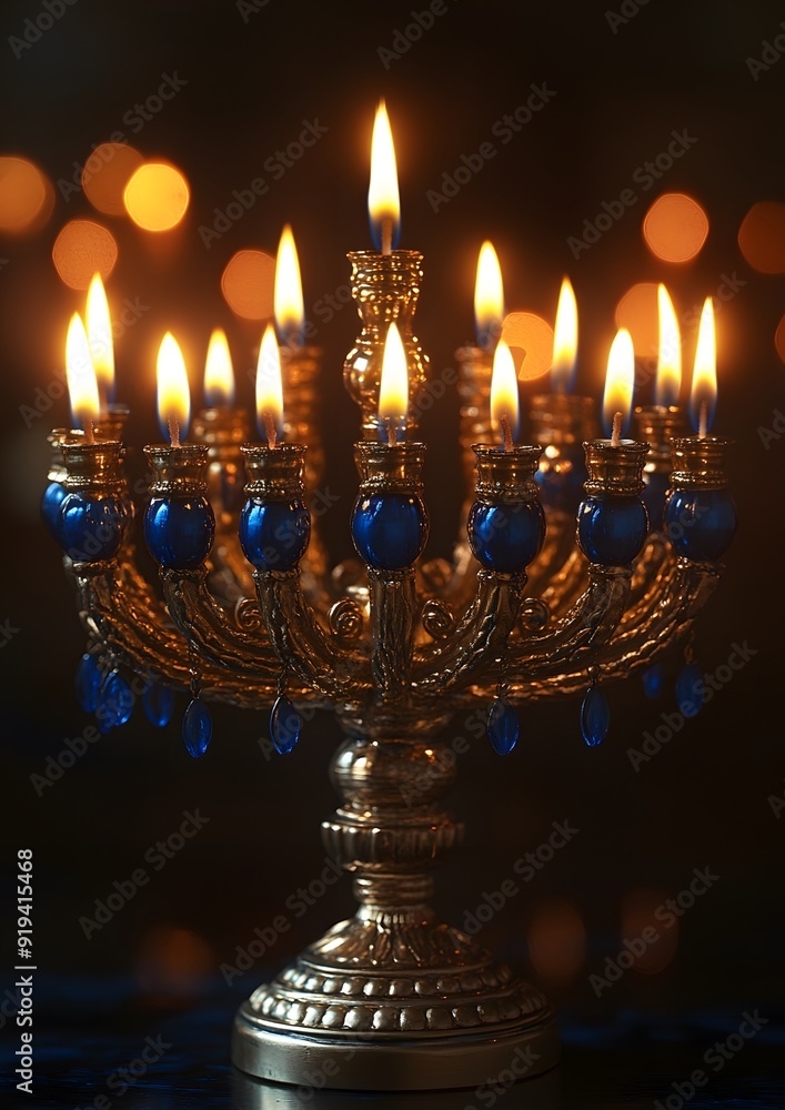 Fototapeta premium Celebratory Hanukkah menorah, with detailed flames and festive ambiance, embodying the Jewish holiday's spirit, ideal for posting and sharing with loved ones.
