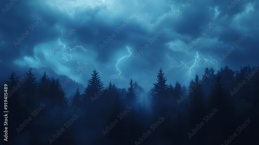 Dramatic thunderstorm over dense pine forest, multiple lightning bolts, ominous dark clouds, moody atmosphere, electric blue lightning strikes, towering evergreen trees. Dramatic thunderstorm over dense pine forest, multiple lightning bolts, ominous dark clouds, moody atmosphere, electric blue lightning strikes, towering evergreen trees.