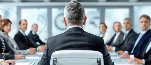 Business professionals in a boardroom meeting discussing strategy, with a focus on a senior executive leading the discussion.
