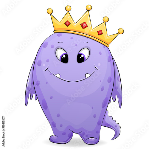 Cute cartoon monster king with golden crown. Vector illustration isolated on white background.