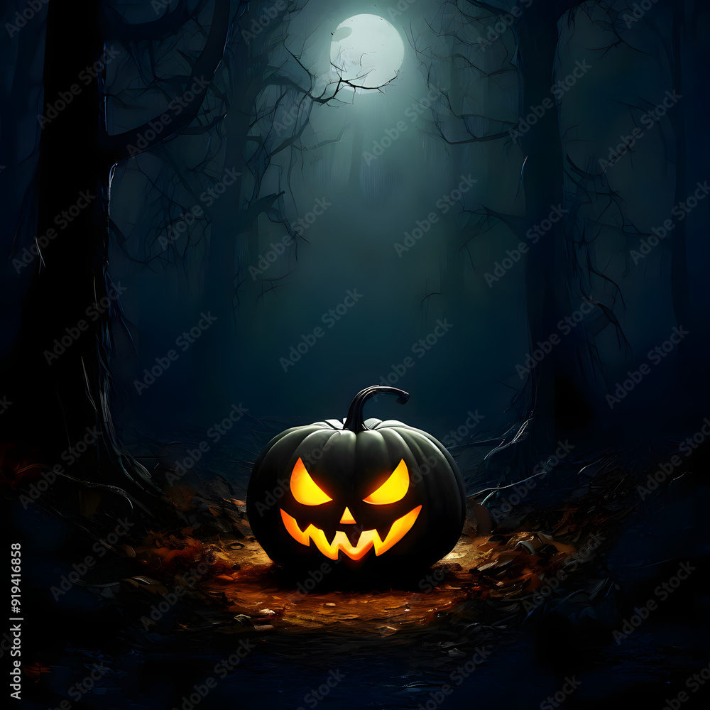 Fototapeta premium sinister pumpkin with glowing eyes in a creepy night forest and full moon