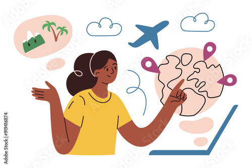 Woman choosing travel destination, vector illustration in flat cartoon style. Using laptop and smartphone to choose and book vacation spots. Ideal for tourism agencies. Travel apps and trip planning