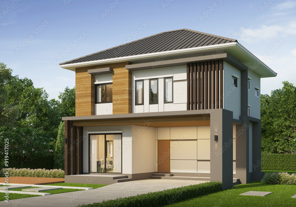 Modern house exterior day light with lawn grass.3d rendering Modern house exterior day light with lawn grass.3d rendering