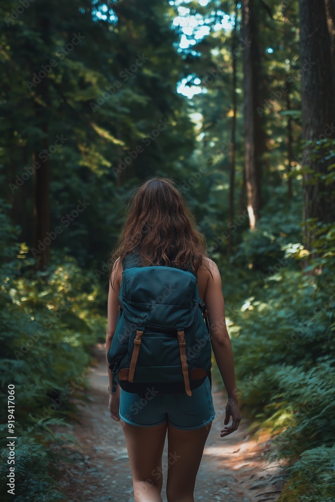 A rear view of a woman with a backpack hiking through a lush, green forest trail, signifying adventure and exploration within nature. A rear view of a woman with a backpack hiking through a lush, green forest trail, signifying adventure and exploration within nature.