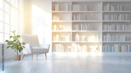 white psychologist cabinet, studio book wall, blurred room, very light coloring, sky blue and golden light palette, with generative ai