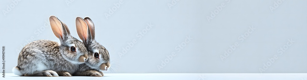 Fototapeta premium Two cute bunnies cuddling together on a white surface with a light blue background.