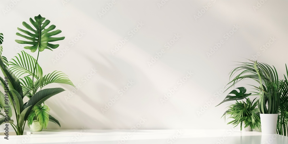 Minimalistic setup featuring a variety of lush green houseplants arranged against a light-colored wall for a peaceful vibe. Minimalistic setup featuring a variety of lush green houseplants arranged against a light-colored wall for a peaceful vibe.