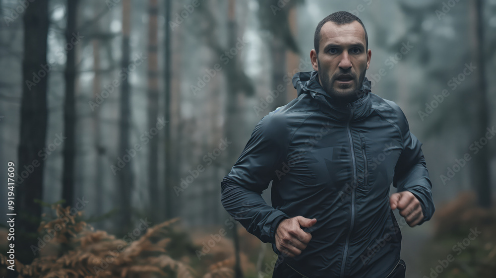 Determined Man Jogging in the Forest on a Misty Day for Fitness and Health Determined Man Jogging in the Forest on a Misty Day for Fitness and Health