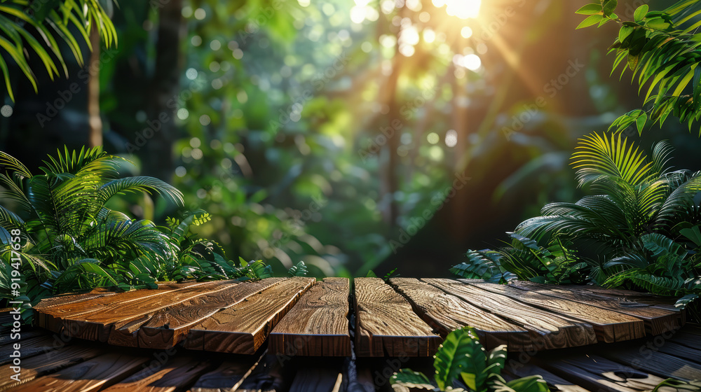 A wooden table with a round top and a lush green background. The table is surrounded by plants and leaves, giving the impression of a natural setting. The sunlight shining on the table creates a warm