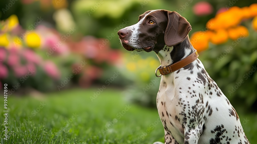 German Shorthaired Pointer sitting in lush garden lawn, vibrant floral background, profile view, alert expression, spotted brown and white coat, leather collar, soft natural. German Shorthaired Pointer sitting in lush garden lawn, vibrant floral background, profile view, alert expression, spotted brown and white coat, leather collar, soft natural.