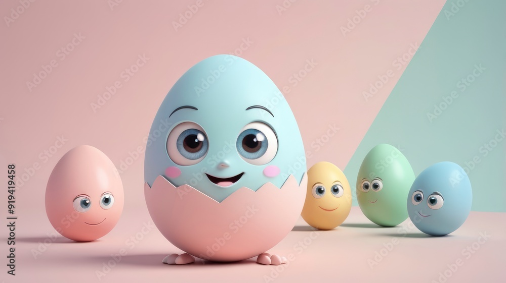 A pastel-toned egg character with a bashful smile and big eyes, sitting in a charming A pastel-toned egg character with a bashful smile and big eyes, sitting in a charming