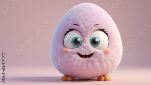 A pastel-toned egg character with a bashful smile and big eyes, sitting in a charming