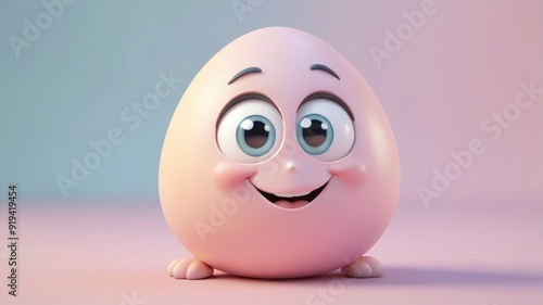 A pastel-toned egg character with a bashful smile and big eyes, sitting in a charming