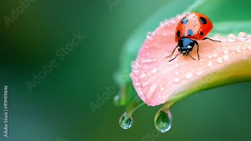 A ladybug perched on a pink petal, covered in dew drops, with a green background. photo