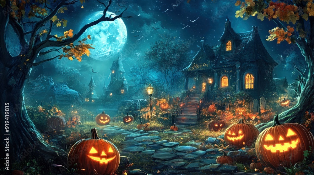 A spooky Halloween scene with carved pumpkins, a haunted house, bare ...